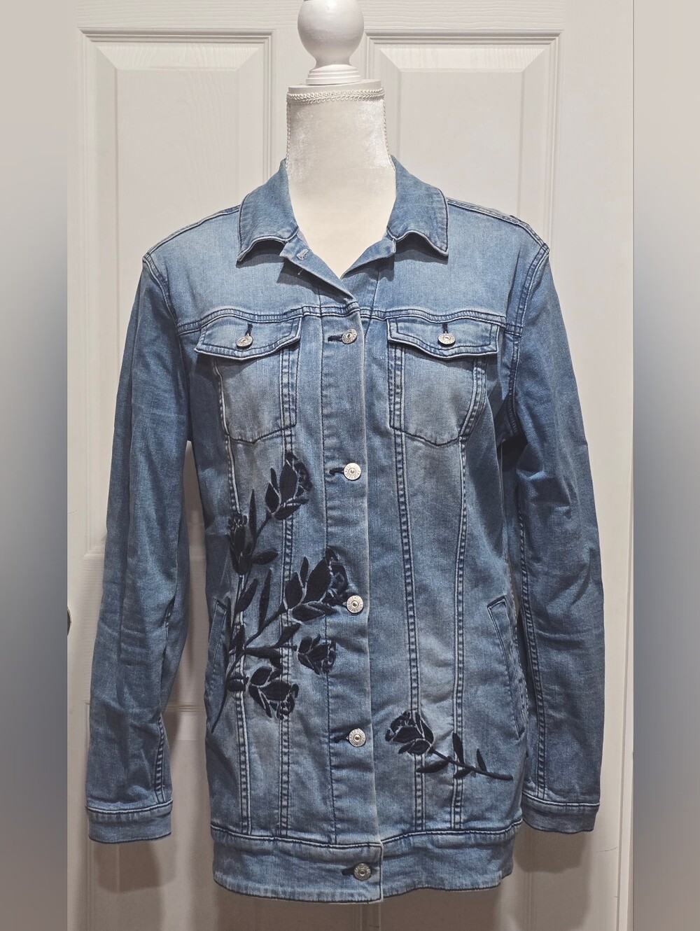 LuLaRoe Jaxon Light Blue Denim Jacket with Embroidered Navy Floral Accents
